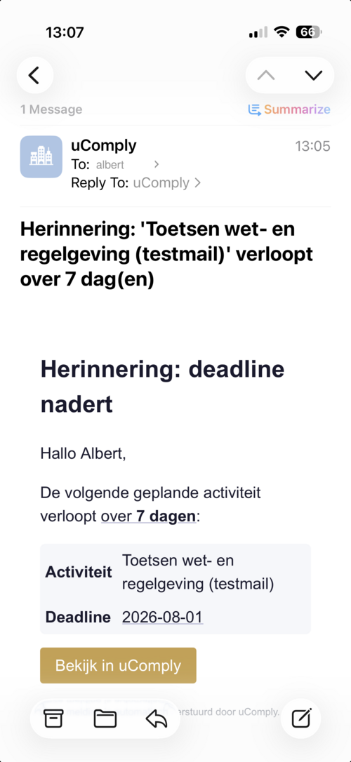 Beispiel einer uComply Reminder-E-Mail auf dem Telefon